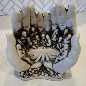 HAND CARVED FISH BONE STATUE FIGURINE FROM MEXICO HANDS WITH JESUS LAST SUPPER